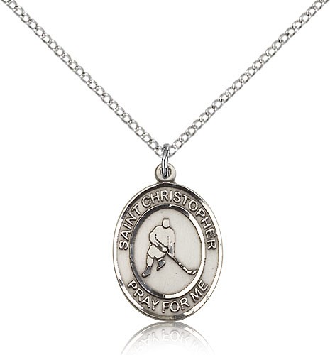 St. Christopher Ice Hockey Medal, Sterling Silver, Medium - 18" 1.2mm Sterling Silver Chain + Clasp