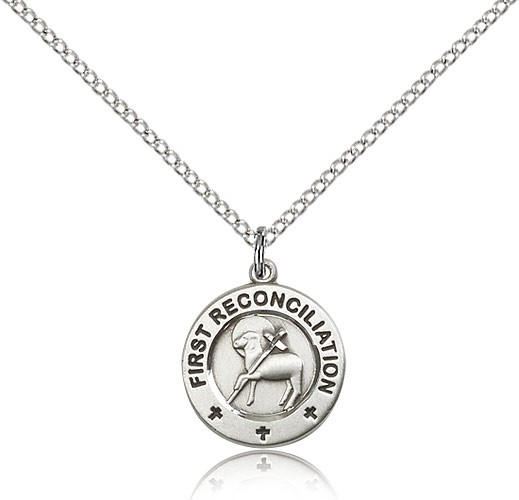 First Reconciliation Penance Medal, Sterling Silver - 18" 1.2mm Sterling Silver Chain + Clasp