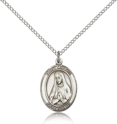St. Martha Medal, Sterling Silver, Medium - 18" 1.2mm Sterling Silver Chain + Clasp