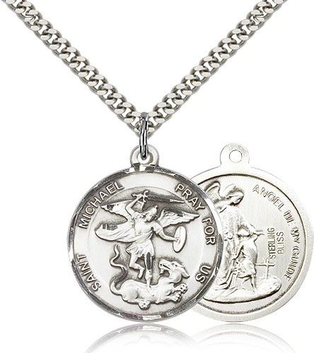 St. Michael the Archangel Medal, Sterling Silver - 24" 2.4mm Rhodium Plate Endless Chain