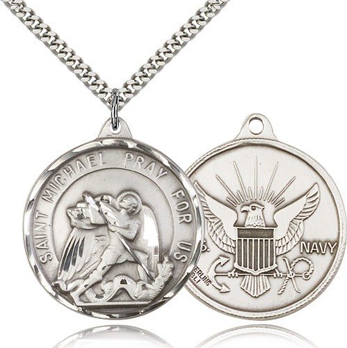 St. Michael Navy Medal, Sterling Silver - 24" 2.4mm Rhodium Plate Endless Chain
