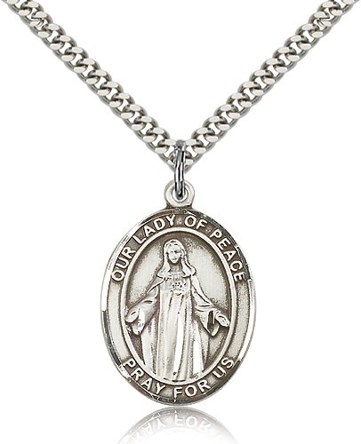 Our Lady of Peace Medal, Sterling Silver, Large - 24" 2.4mm Rhodium Plate Chain + Clasp