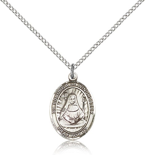St. Edburga of Winchester Medal, Sterling Silver, Medium - 18" 1.2mm Sterling Silver Chain + Clasp