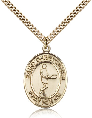 St. Christopher Tennis Medal, Gold Filled, Large - 24" 2.4mm Gold Plated Chain + Clasp