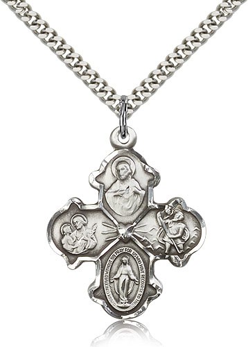 4 Way Cross Pendant, Sterling Silver - 24" 2.4mm Rhodium Plate Endless Chain
