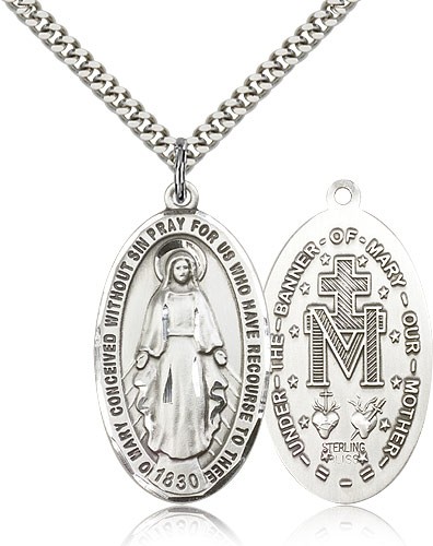 Miraculous Medal, Sterling Silver - 24" 2.4mm Rhodium Plate Endless Chain