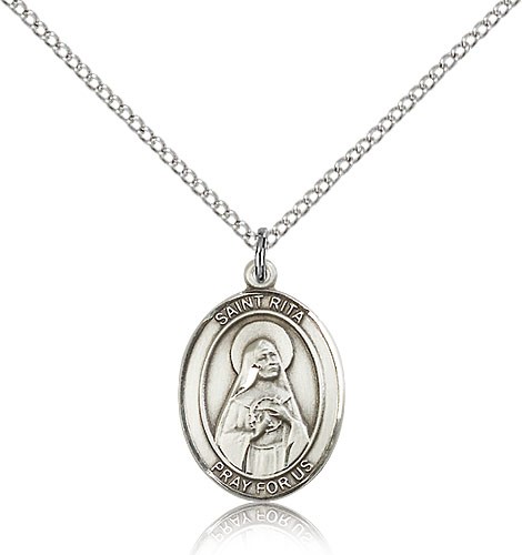 St. Rita of Cascia Medal, Sterling Silver, Medium - 18" 1.2mm Sterling Silver Chain + Clasp