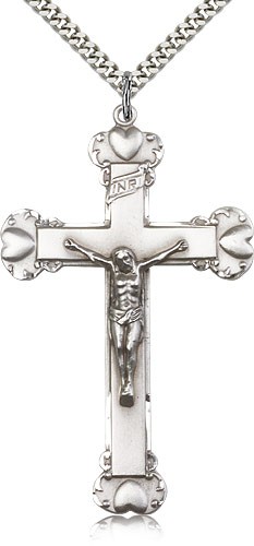 Crucifix Pendant, Sterling Silver - 24" 2.4mm Rhodium Plate Endless Chain