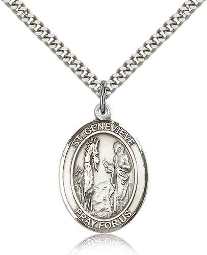 St. Genevieve Medal, Sterling Silver, Large - 24" 2.4mm Rhodium Plate Chain + Clasp