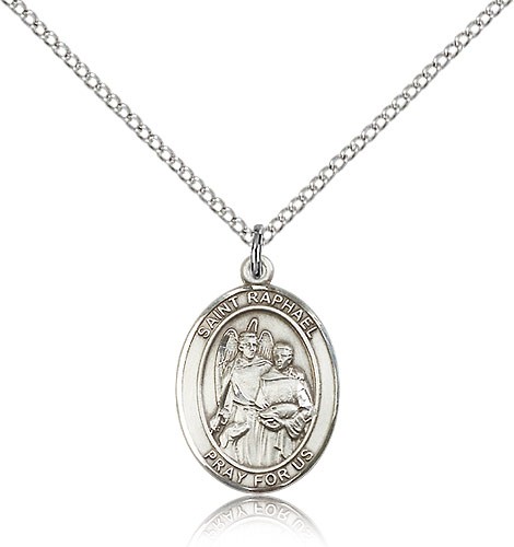 St. Raphael the Archangel Medal, Sterling Silver, Medium - 18" 1.2mm Sterling Silver Chain + Clasp