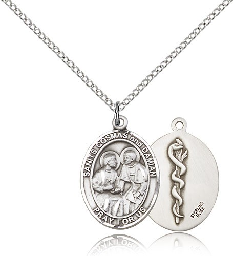 Sts. Cosmas and Damian Doctors Medal, Sterling Silver, Medium - 18" 1.2mm Sterling Silver Chain + Clasp
