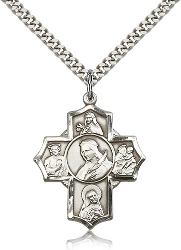 St. Philomena, St. Theresa, St. Rita, St. Anthony, St. Jude Medal, Sterling Silver - 24" 2.4mm Rhodium Plate Endless Chain