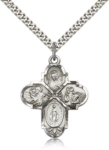 4 Way Cross Pendant, Sterling Silver - 24" 2.4mm Rhodium Plate Endless Chain