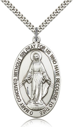 Miraculous Medal, Sterling Silver - 24" 2.4mm Rhodium Plate Endless Chain