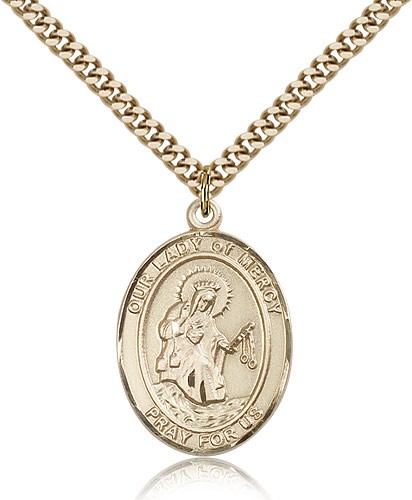Our Lady of Mercy Medal, Gold Filled, Large - 24" 2.4mm Gold Plated Chain + Clasp