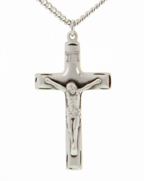 Crucifix Pendant, Sterling Silver - 24" 2.4mm Rhodium Plate Endless Chain