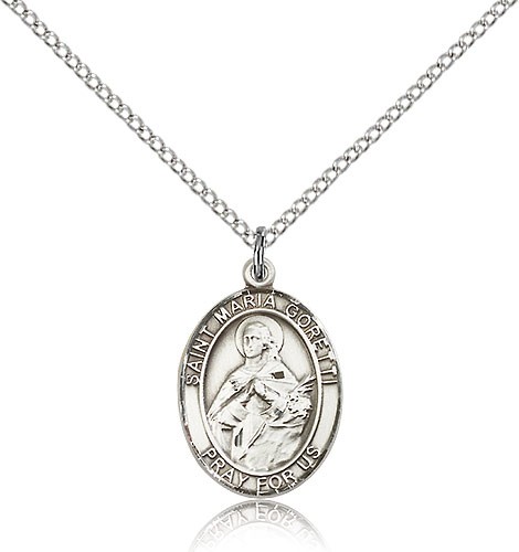 St. Maria Goretti Medal, Sterling Silver, Medium - 18" 1.2mm Sterling Silver Chain + Clasp