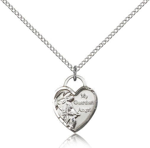 Guardian Angel Heart Medal, Sterling Silver - 18" 1.2mm Sterling Silver Chain + Clasp