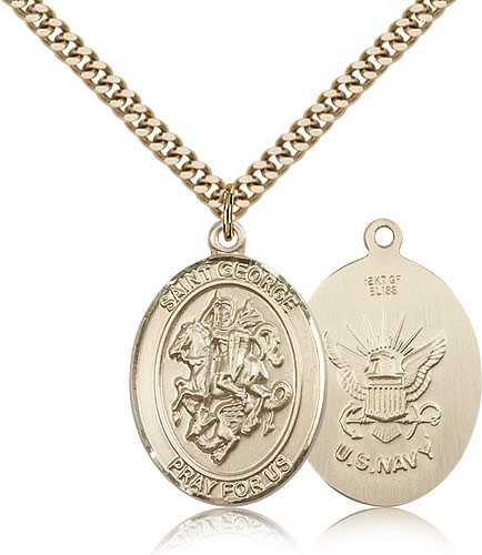 St. George Navy Medal, Gold Filled, Large - 24" 2.4mm Gold Plated Chain + Clasp