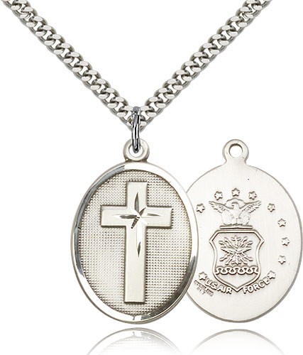 Air Force Cross Pendant, Sterling Silver - 24" 2.4mm Rhodium Plate Endless Chain