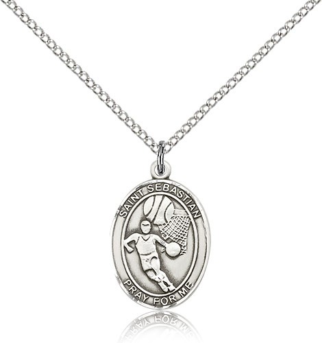 St. Sebastian Basketball Medal, Sterling Silver, Medium - 18" 1.2mm Sterling Silver Chain + Clasp