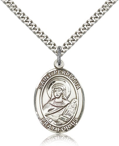 St. Perpetua Medal, Sterling Silver, Large - 24" 2.4mm Rhodium Plate Chain + Clasp