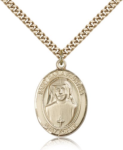 St. Maria Faustina Medal, Gold Filled, Large - 24" 2.4mm Gold Plated Chain + Clasp