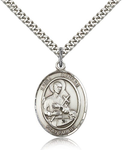 St. Gerard Majella Medal, Sterling Silver, Large - 24" 2.4mm Rhodium Plate Chain + Clasp