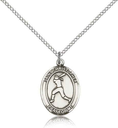 St. Christopher Softball Medal, Sterling Silver, Medium - 18" 1.2mm Sterling Silver Chain + Clasp