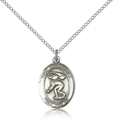 St. Christopher Swimming Medal, Sterling Silver, Medium - 18" 1.2mm Sterling Silver Chain + Clasp