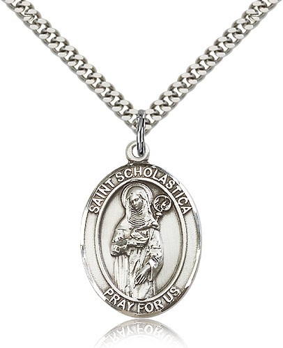 St. Scholastica Medal, Sterling Silver, Large - 24" 2.4mm Rhodium Plate Chain + Clasp