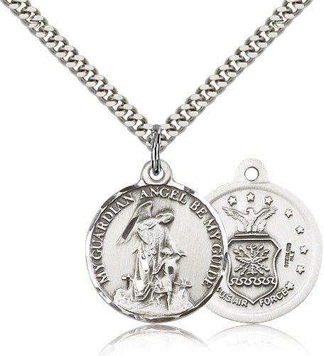 Air Force Guardain Angel Medal, Sterling Silver - 24" 2.4mm Rhodium Plate Endless Chain