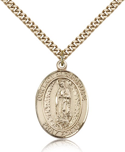 Our Lady of Guadalupe Medal, Gold Filled, Large - 24" 2.4mm Gold Plated Chain + Clasp