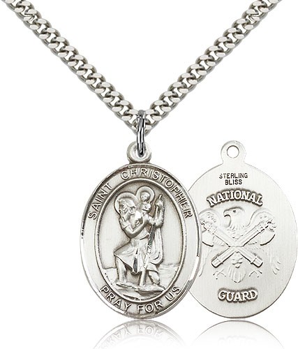 St. Christopher National Guard Medal, Sterling Silver, Large - 24" 2.4mm Rhodium Plate Chain + Clasp