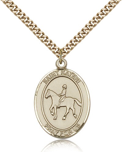 St. Kateri Equestrian Medal, Gold Filled, Large - 24" 2.4mm Gold Plated Chain + Clasp