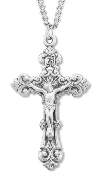 Men's Sterling Silver Fancy Scroll Crucifix Necklace with Chain Options - 24" 3mm Stainless Steel Endless Chain