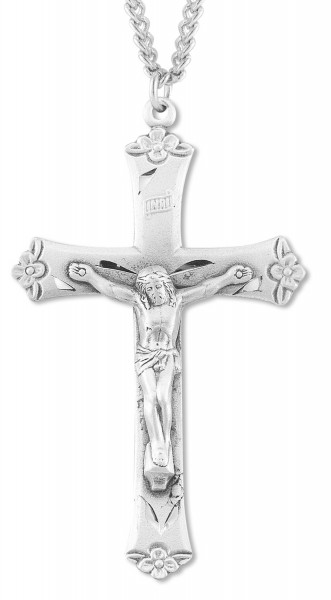 Men's Large Sterling Silver Floral Tip Crucifix Necklace with Chain Options - 24" 3mm Stainless Steel Chain + Clasp