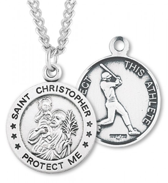 Round Men's St. Christopher Baseball Necklace With Chain - 24" 3mm Stainless Steel Endless Chain