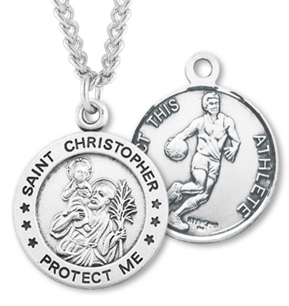Round Men's St. Christopher Basketball Necklace With Chain - 24" 3mm Stainless Steel Endless Chain