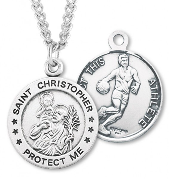 Round Men's St. Christopher Basketball Necklace With Chain - 24" Sterling Silver Chain + Clasp