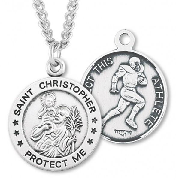 Round Boy's St. Christopher Football Necklace With Chain - 20" 2.2mm Stainless Steel Chain with Clasp