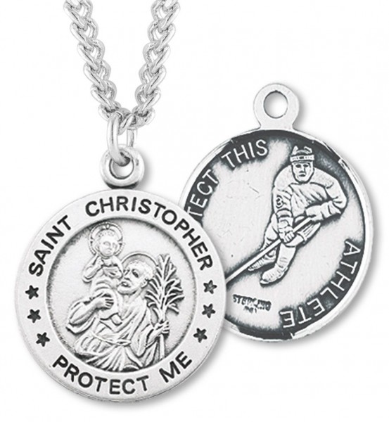 Round Men's St. Christopher Ice Hockey Necklace With Chain - 24" 3mm Stainless Steel Endless Chain