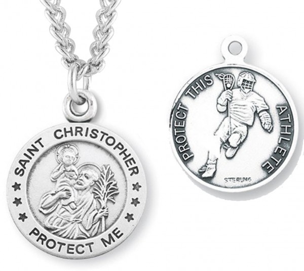 Round Men's St. Christopher Lacrosse Necklace With Chain - 24" 3mm Stainless Steel Endless Chain