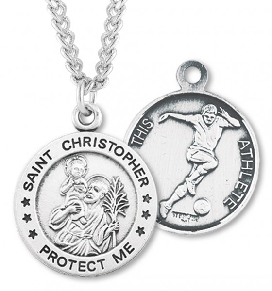 Round Men's St. Christopher Soccer Necklace With Chain - 24" 3mm Stainless Steel Endless Chain