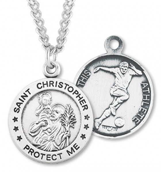 Round Men's St. Christopher Soccer Necklace With Chain - 20" 2.2mm Stainless Steel Chain with Clasp
