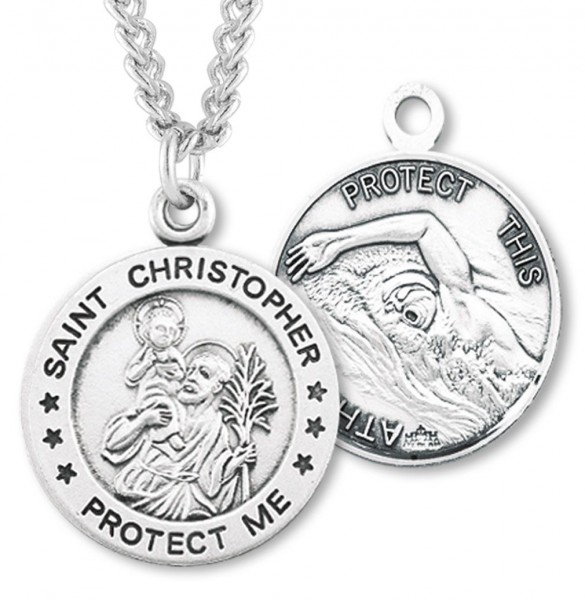 Round Boy's St. Christopher Swimming Necklace With Chain - 24" Sterling Silver Chain + Clasp