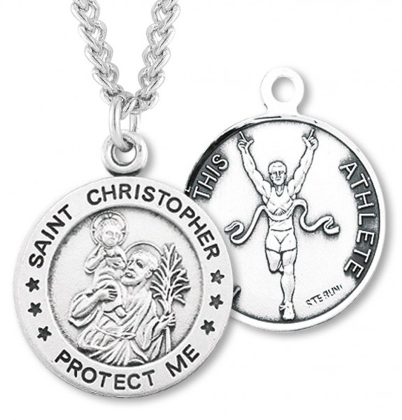 Round Boy's St. Christopher Track Necklace With Chain - 24" Sterling Silver Chain + Clasp
