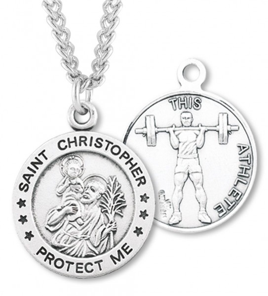 Round Boy's St. Christopher Weight Lifting Necklace With Chain - 24" 3mm Stainless Steel Endless Chain