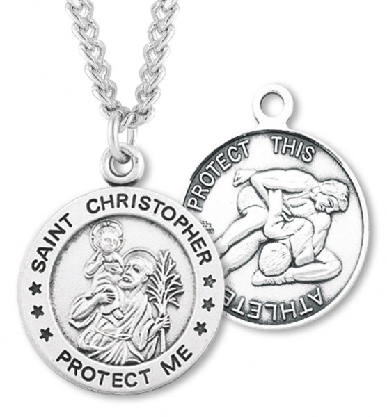 Round Men's St. Christopher Wrestling Necklace With Chain - 24" 3mm Stainless Steel Endless Chain