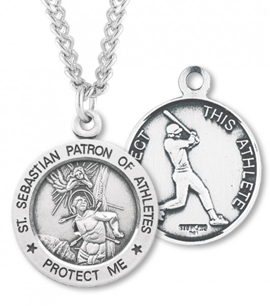 Round Men's Saint Sebastian Baseball Necklace - 24" 3mm Stainless Steel Endless Chain